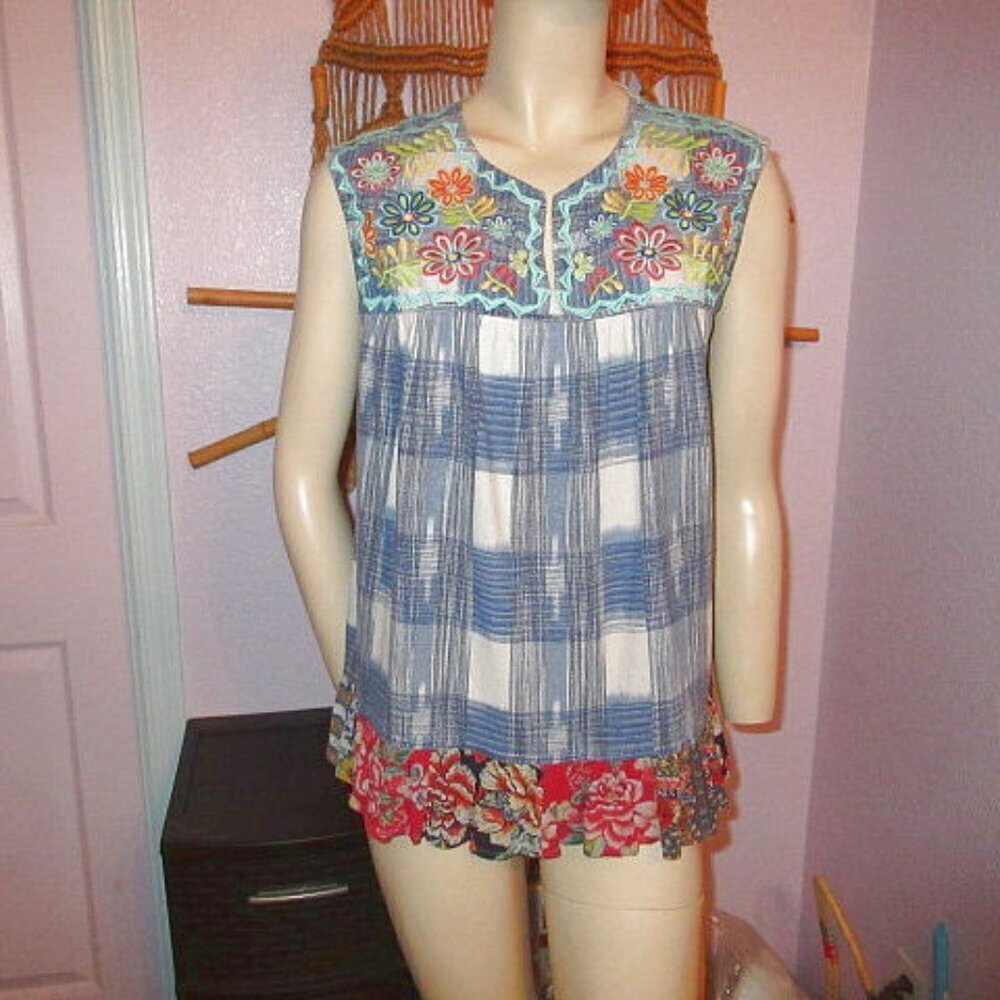 John Mark Linen Blouse Top Size M Embroidered Sleeveless Oversized Ruffle Boho